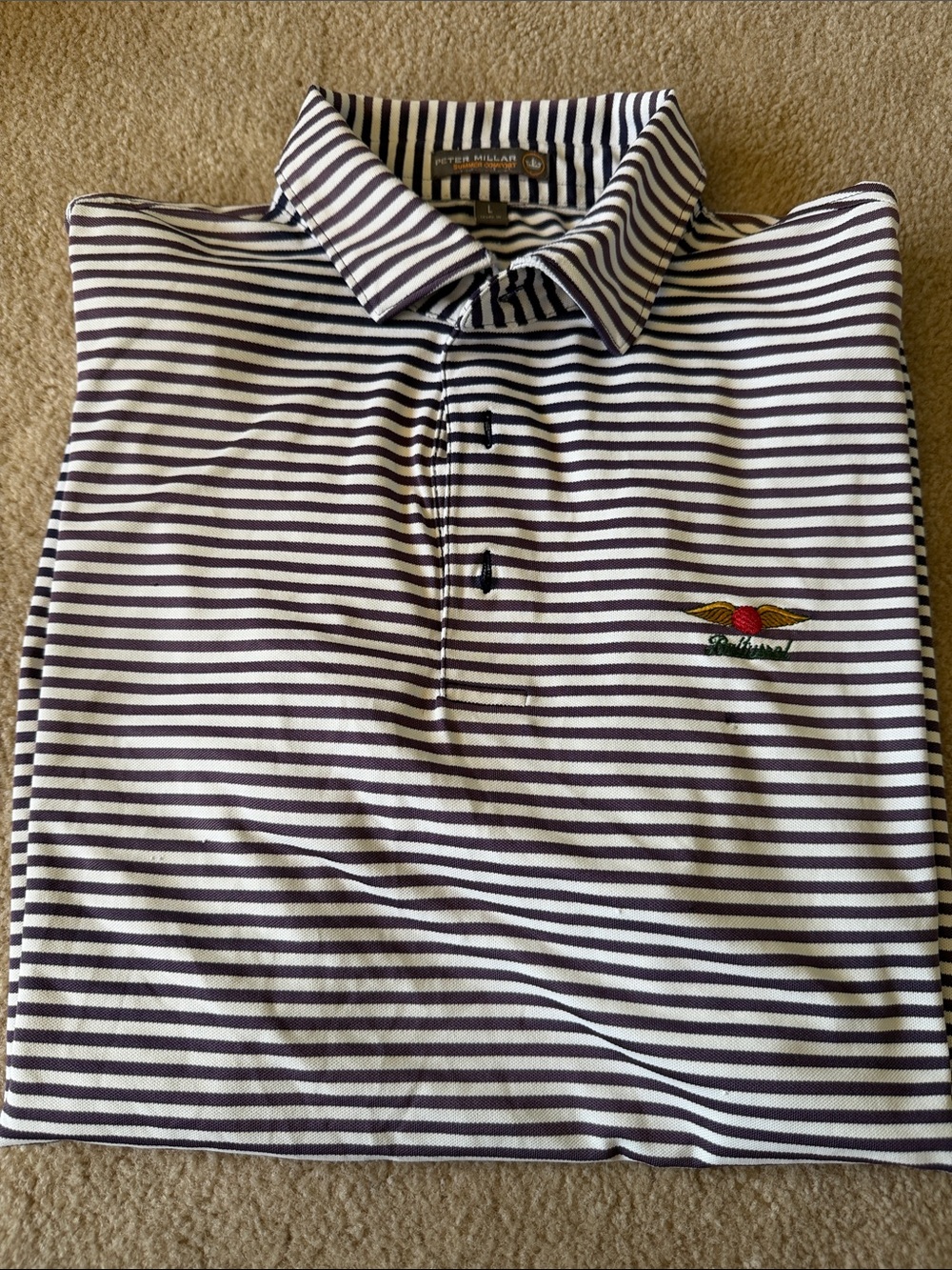 💕5/$25 Peter Millar Navy and White Striped Polo with Embroidered Crest